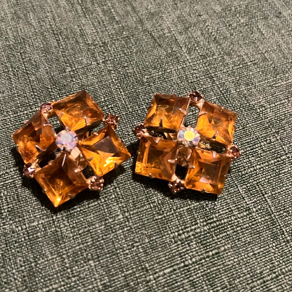 Vintage Weiss Style Topaz Colored Earrings with Silver tone Clip On Earrings